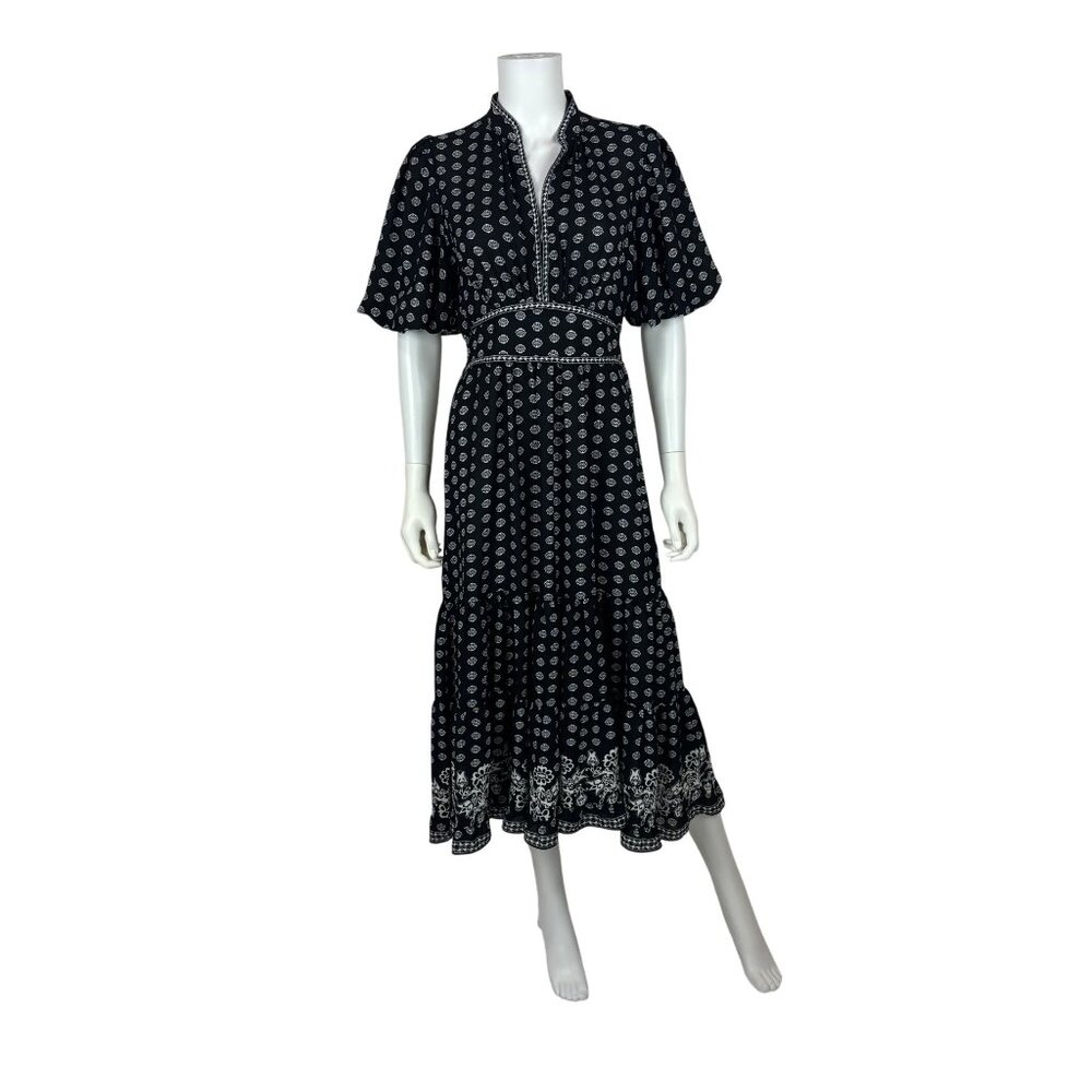 Max Studio London Floral Dress Medium Black White Printed Puff Sleeves Tiered Mi
